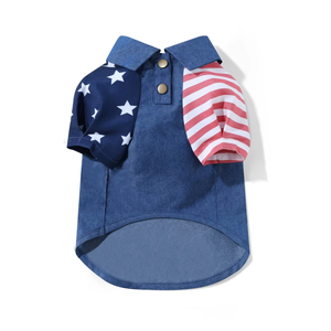 Conjunto <span class=keywords><strong>de</strong></span> Ropa para Parejas <span class=keywords><strong>de</strong></span> Mascotas con Bandera Americana, <span class=keywords><strong>Camisa</strong></span> Polo <span class=keywords><strong>de</strong></span> Mezclilla y Vestido para Perros Pequeños y Gatos - Product Image 1