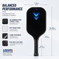 Raquette de pickleball de qualité supérieure, construction unibody en carbone 3K, surface en graphite, technologie thermoformée, approuvée par l'USAPA, robuste et de qualité supérieure