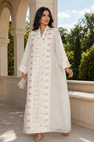 Robe Kimono Modeste en Dentelle Brodé avec Bordure Perlée Géométrique, Ouverte sur le Devant, pour l'Aïd et les Événements Sociaux, Abaya en Polyester ODM