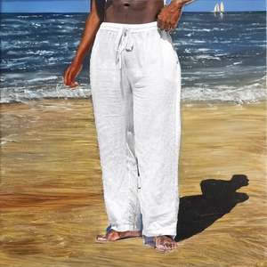 Pantaloni Primaverili di Alta Qualità Traspiranti 100% <span class=keywords><strong>Lino</strong></span> Leggeri a Vita Media Casual Sportivi a Gamba Larga per Uomo - Product Image 2