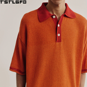 Polo en maille personnalisé pour homme, orange et bordeaux, col et poignets contrastants, coupe oversize, manches courtes, fabricants de polos pour hommes en gros - Product Image 6