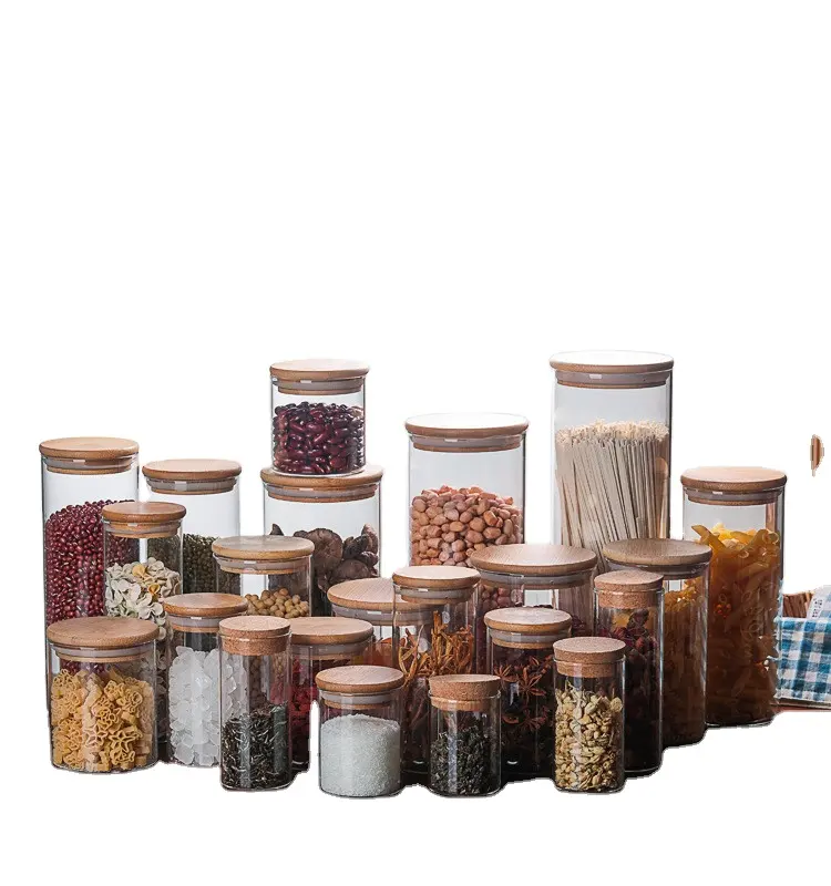 Verrerie transparente Borosilicate, récipients de stockage des aliments de cuisine avec couvercle en bois de bambou, pots à épices en verre, pots ronds et carrés