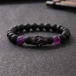 Volcanic Stone <b>Beaded</b> <b>Bracelet</b> With Purple Crystal Crown Clasp Men's Jewelry Fashion Accessory - Product Image 1