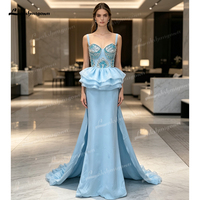 Gaun Malam Model Duyung Biru Langit Lakshmigown dengan Kerah Sweetheart, Hiasan Kristal dan Manik-Manik di Bagian Atas, Peplum Bertingkat, Ruffle, dan Ekor Panjang, untuk Pesta Formal