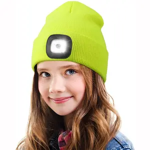 Gorro de lana LED recargable por USB para niños, venta al por mayor