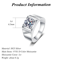 Bagues en argent au design simple 1 carat pour hommes, bague en moissanite 925 pour hommes avec DEF VVS1 et certificat GRA, passe le testeur de diamant