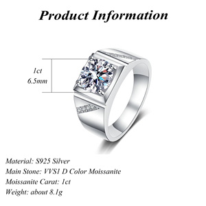 Anéis de Prata de Design Simples de <span class=keywords><strong>1ct</strong></span> para Homens, Anel Masculino de Moissanite 925 com Certificado GRA, Passa no Teste de Diamante DEF VVS1 - Product Image 2