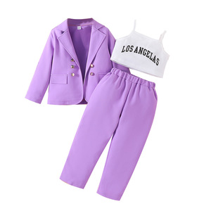Traje de niña de primavera y otoño de suministro de fábrica, chaqueta Halter con monograma y pantalones de traje, traje de moda de Color sólido <span class=keywords><strong>para</strong></span> <span class=keywords><strong>niñas</strong></span> - Product Image 1