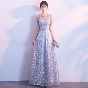 Elegant Evening Gown O-Neck A-Line 3D Floral Print Long Dress For Banquets Silver Grey Champagne Color - Product Image 1