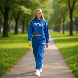 Tuta da donna con cappuccio Meelx, felpa e pantaloni casual in cotone a lunghezza intera, con coulisse e tasche laterali - Product Image 2