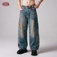 Jean cargo ample à jambe large pour homme, délavé, avec impression DTG personnalisée motif crâne, bleu à œillets, style Hip Hop Y2K Streetwear, vente en gros OEM
