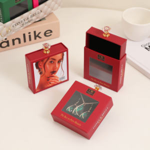 Boîtes à bijoux de luxe en carton carré imprimées par estampage à chaud personnalisées avec fenêtre transparente, tiroir coulissant pour boucles d'oreilles, poignée en pierre - Product Image 3