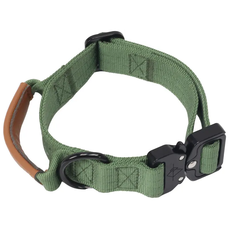 Adjustable Nylon Dog Training Collar Tactical Dog Collar with Leather Hand Guard