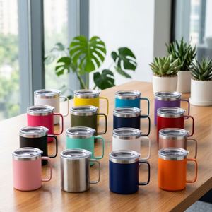 Mug à café en acier inoxydable de haute qualité de 12 oz avec poignée, gobelet isotherme de voyage avec couvercle coulissant pour femmes, idéal pour le bureau - Product Image 1