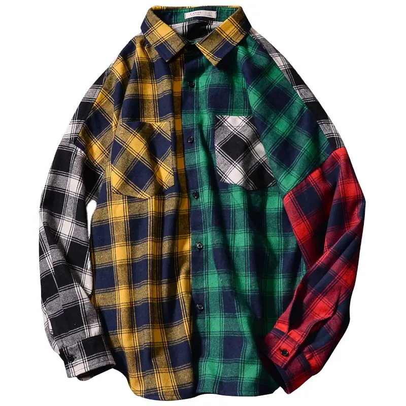 Color Block Patchwork TurnダウンCollar MenのShirt Flannel Plaid Hip Hop Shirts Men High Streetチェック柄長袖シャツ