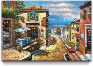 Lienzo italiano, arte de pared, 36 "x 24", pinturas al óleo de madera, imagen de paisaje marino mediterráneo, café de París, boda italiana de Ramadán - Product Image 4