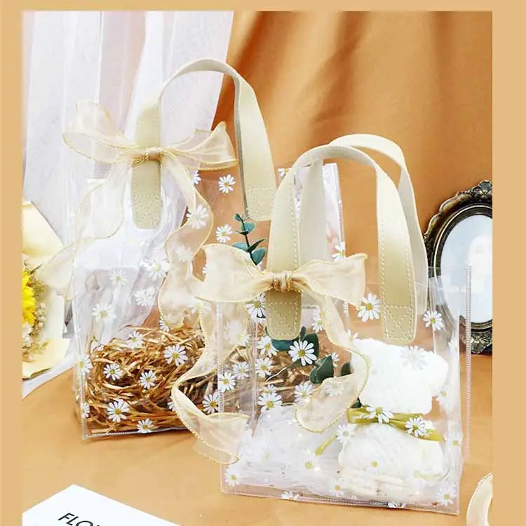 2024-2025 transparente wasserdichte Strand-Tote Einkaufstasche Hochzeit mit Band Bogen Band Bogen Geschenk durchsichtige PVC-Grifftasche