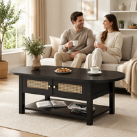 Table basse ovale de style farmhouse personnalisée avec portes en rotin, bois noir, pour la maison, l'appartement, intérieur, meubles robustes et pratiques