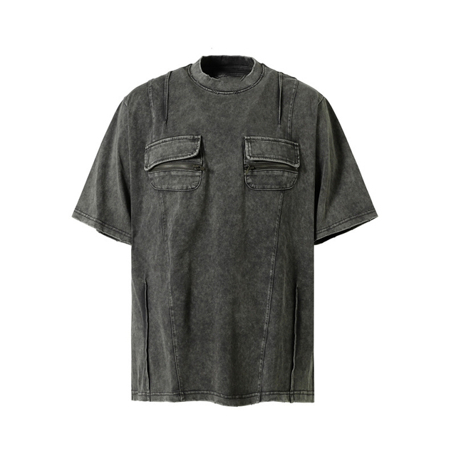 Men's Utility Pocket Short Sleeve T-Shirt Retro Washed Oversized Cartoon Print Casual Streetwear Cargo Top for Summer Daily Wear