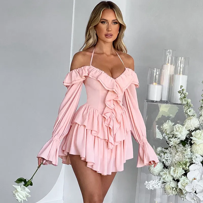 Lygens 3966 dây vai lạnh ruffles Pleated CORSET của phụ nữ Dresses 2023 thanh lịch Evening Party prom Lady Casual quần áo