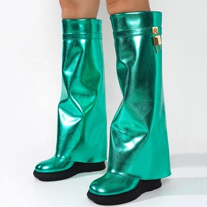 Big Size 48 Women Round Toe Overlay Wedge Heels Shoes Bright Metallic Lock Shark Booties Cowgirls Thick Soles Knee High <b>Boots</b> - Product Image 5