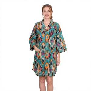 Indian Women's Floral Print Knee-Length Maxi Kimono Casual Shirt Stylish Cotton <b>Dress</b> Sleepwear Tie Belt Button Eco-Friendly - Product Image 1