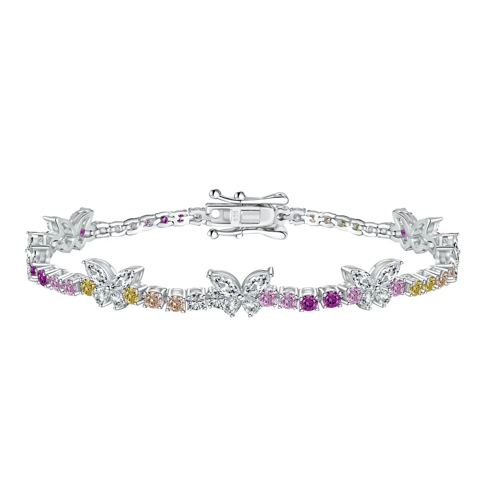 Dylam di alta qualità personalizzato 925 argento Sterling rodiato placcato colore casuale 5A Zirconia farfalla bracciali Tennis da donna