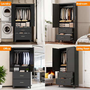 71" Tall Modern Metal <b>Wardrobe</b> Cabinet with Drawers <b>Hanging</b> Rod Doors 3 Shelves-Extendable for Bedroom Office & Foyer (Black) - Product Image 2