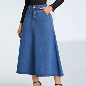 Fabricación personalizada de talle alto azul sólido falda de mezclilla mujer verano largo trompeta lavado falda de mezclilla diseño <span class=keywords><strong>Midi</strong></span> falda de mezclilla - Product Image 2