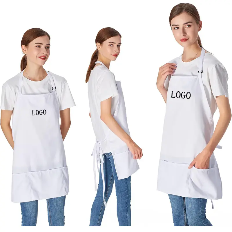 Avental de cozinha para mulheres e adultos, avental à prova d'água com logotipo personalizado, para salão de beleza, unhas brancas e 3 bolsos