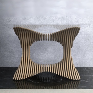 โต๊ะอาหารไม้เนื้อแข็งสั่งทำพิเศษ โต๊ะ<span class=keywords><strong>กาแฟ</strong></span> ท็อปกระจกใส ดีไซน์โค้งเว้า ลายไม้ระแนง สำหรับโรงแรมและบ้าน - Product Image 5