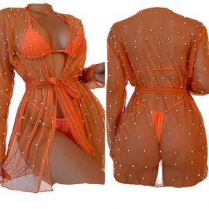 Nuevo Conjunto de Bikini Sexy Transparente de 3 Piezas con Top Corto, Vestido de Baño y Pantalones Cortos Casuales con Protección Solar, de Spandex/Nylon Sólido y Malla de Perlas Hueca - Product Image 2