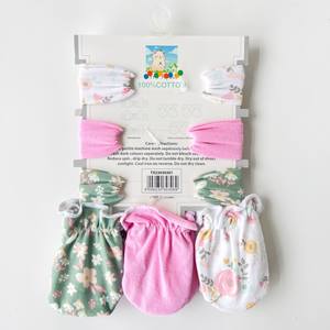 Bandeau et 3 mitaines pour bébé Vente en gros de haute qualité Nouveau avec nœud Né Sac d'opp en coton super doux Bande élastique Image imprimée - Product Image 2