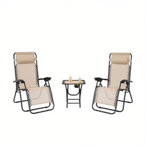 Conjunto de Sillones Reclinables Portátiles de Gravedad Cero con Mesa, Muebles de Patio Beige para 2 Personas - Product Image 1