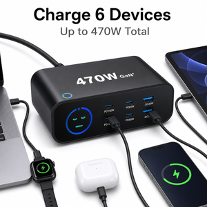 Station de charge USB-C multiport 405W, chargeur mural de bureau, GaN PD 140W, sortie totale 470W, ignifuge, prise USA/UK/EU/AU - Product Image 1