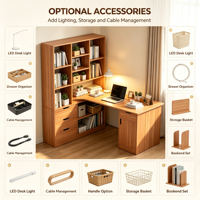 Bureau d'angle en L personnalisé avec bibliothèque, étagères, tiroirs et armoire de rangement, finition bois clair, poignées en relief, pour bureau à domicile