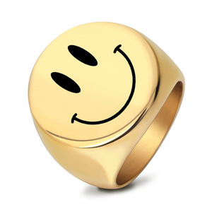 Anillo con cara sonriente, redondo de 22 mm, de acero inoxidable, unisex, regalo de joyería de moda - Product Image 1