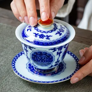 热销青花瓷带盖茶碗盖湾功夫茶具三彩杯器茶道手茶壶
