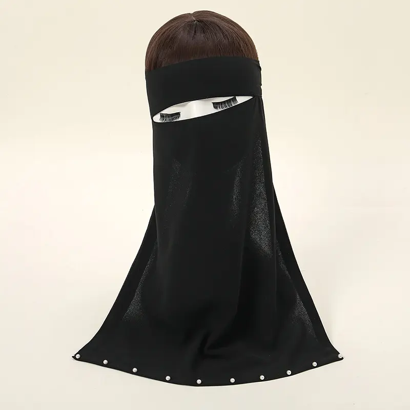 New Design Black Chiffon Niqab With Pearl Muslim Women Khimar Niqab Chiffon Niqab Face Coverings