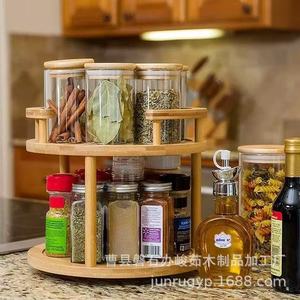 Bamboo Desktop Storage Rack Double Layer Kitchen <b>Spice</b> Organizer With Wooden Lids Airtight Condiment <b>Jar</b> Holder - Product Image 2