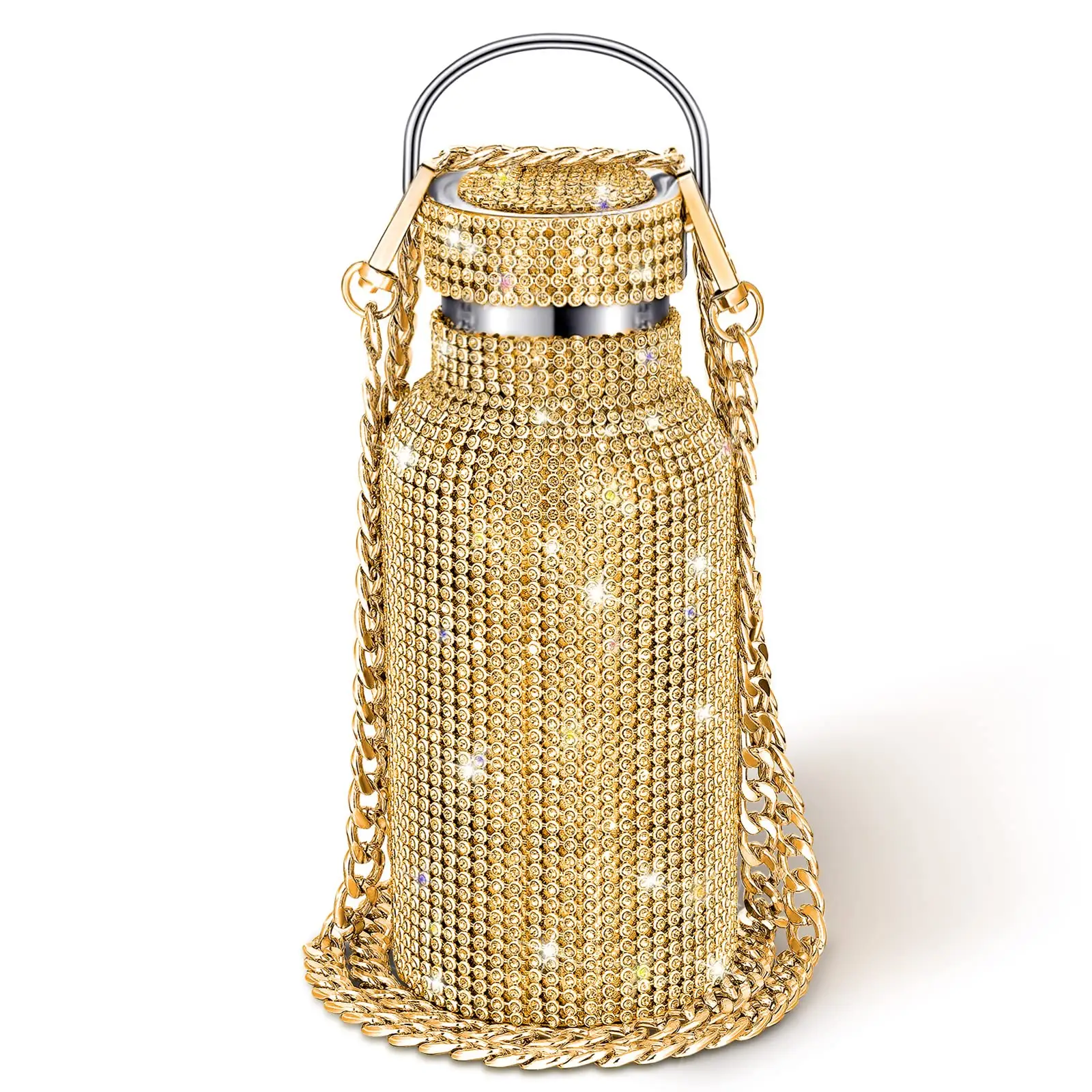 Sıcak satış lüks tasarımcı termos parlak akıllı altın elmas taklidi elmas fincan kristal su şişesi