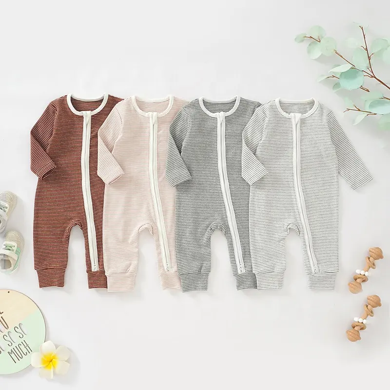 Wholesale Long Sleeve Baby Romper Zipper Yarned Dyed Infant Romper Organic Cotton Newborn Jumpsuit Infant Clothing