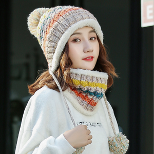 Wholesale colorful striped lady winter acrylic <strong>hat</strong> <strong>and</strong> <strong>scarf</strong> two piece sets with balls - Product Image 1