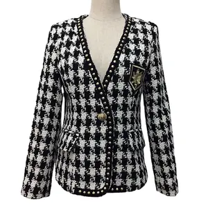 Jaket Tweed Houndstooth Wanita, Blazer Payudara Ganda 2022