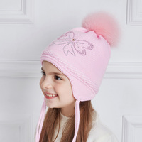 Mignonnes filles enfants hiver tricoté bonnet chapeaux avec fourrure naturelle pompon nœud papillon strass Bobble oreille rabat chapeau pour enfant en gros