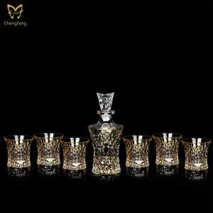 Pribadi Wiski Decanter Set Emas Rim Wiski Botol Kristal Wiski Gelas Set 7