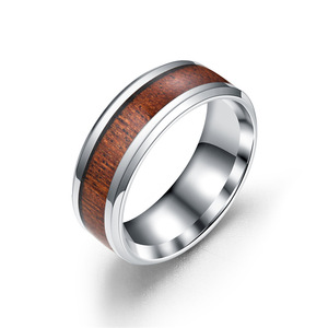 Wholesale Hot Selling 8MM Wood Grain Inlaid <strong>Ring</strong> Jewelry <strong>Men</strong>' <strong>s</strong> Stainless Steel Wooden Couple <strong>Rings</strong> for <strong>Men</strong> and Women - Product Image 2