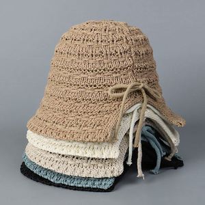 Chapeau Bob Tricoté d'Été pour Femme, Style Pêcheur, à Nœud et Fente Arrière, Couleur Unie, Jacquard, Rayé, Protection Solaire - Product Image 1