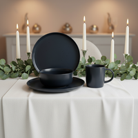 Service de table en grès de qualité supérieure Guangda |   Assiettes et tasses en céramique émaillée noire |   Lave-vaisselle et four modernes, utilisables à la maison