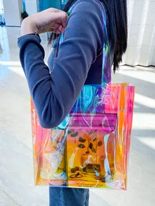 Оптовая продажа, рекламная голографическая Радужная Подарочная сумка, разноцветная модная лазерная прозрачная сумка-тоут из ПВХ для покупок